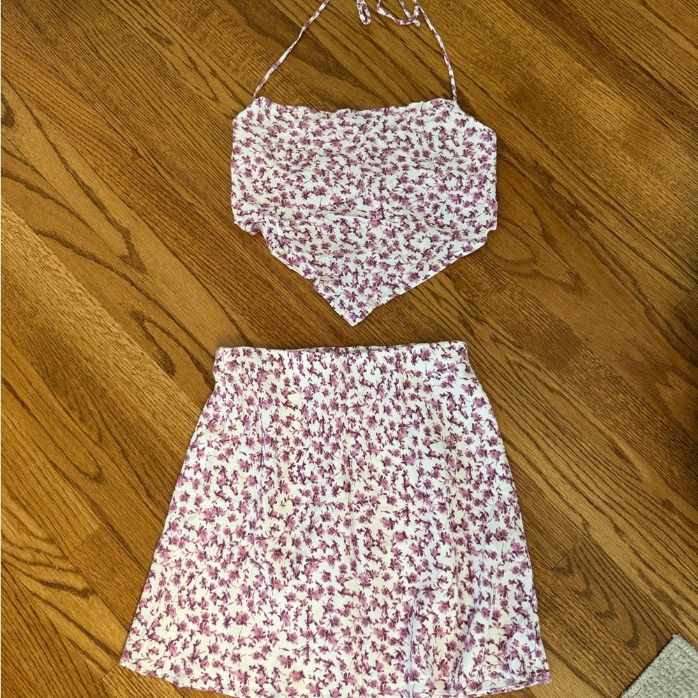Floral Pink & White Mini Skirt and halter tank top